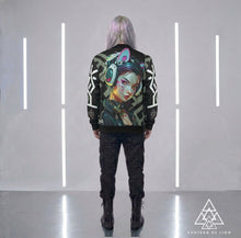 RVR GRL Grey Bomber Jacket by Chateau De Lion featuring cyber punk anime artwork premium luxury fashion design worn by male model