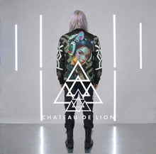 RVR GRL Grey Bomber Jacket by Chateau De Lion featuring cyber punk anime artwork premium luxury fashion design worn by male model