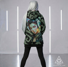 RVR GRL Grey Hoodie by Chateau De Lion featuring gold Athena Goddess Warrior artwork on black premium luxury fashion design worn by female model