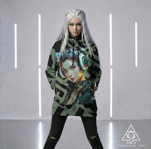 RVR GRL Grey Hoodie by Chateau De Lion featuring gold Athena Goddess Warrior artwork on black premium luxury fashion design worn by female model