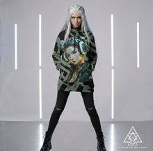 RVR GRL Grey Hoodie by Chateau De Lion featuring gold Athena Goddess Warrior artwork on black premium luxury fashion design worn by female model