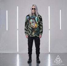 RVR GRL Grey Hoodie by Chateau De Lion featuring gold Athena Goddess Warrior artwork on black premium luxury fashion design worn by male model