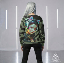 RVR GRL Grey Sweatshirt by Chateau De Lion featuring cyber punk anime artwork premium luxury fashion worn by female model