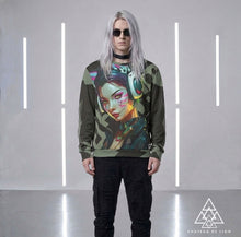 RVR GRL Grey Sweatshirt by Chateau De Lion featuring cyber punk anime artwork premium luxury fashion worn by male model