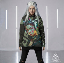 RVR GRL Grey Sweatshirt by Chateau De Lion featuring cyber punk anime artwork premium luxury fashion worn by female model