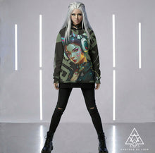 RVR GRL Grey Sweatshirt by Chateau De Lion featuring cyber punk anime artwork premium luxury fashion worn by female model