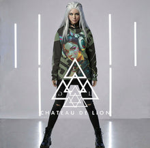RVR GRL Grey Sweatshirt by Chateau De Lion featuring cyber punk anime artwork premium luxury fashion worn by female model