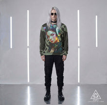 RVR GRL Grey Sweatshirt by Chateau De Lion featuring cyber punk anime artwork premium luxury fashion worn by male model