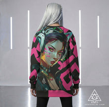 RVR GRL Hot Pink Sweatshirt by Chateau De Lion featuring cyber punk anime artwork premium luxury fashion worn by female model