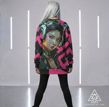 RVR GRL Hot Pink Sweatshirt by Chateau De Lion featuring cyber punk anime artwork premium luxury fashion worn by female model