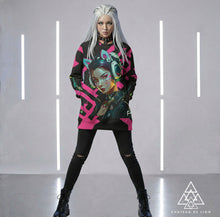 RVR GRL Hot Pink Sweatshirt by Chateau De Lion featuring cyber punk anime artwork premium luxury fashion worn by female model