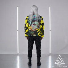 RVR GRL Yellow  Bomber Jacket by Chateau De Lion featuring cyber punk anime artwork premium luxury fashion worn by male model