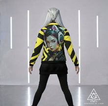 RVR GRL Yellow  Bomber Jacket by Chateau De Lion featuring cyber punk anime artwork premium luxury fashion worn by female model