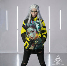 RVR GRL Yellow Puffy Jacket by Chateau De Lion featuring cyber punk anime artwork premium luxury fashion worn by female model