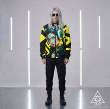RVR GRL Yellow  Bomber Jacket by Chateau De Lion featuring cyber punk anime artwork premium luxury fashion worn by male model
