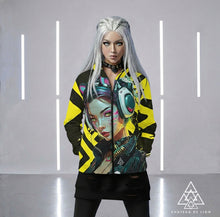 RVR GRL Yellow  Bomber Jacket by Chateau De Lion featuring cyber punk anime artwork premium luxury fashion worn by female model