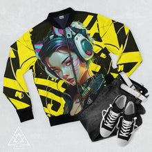 RVR GRL Yellow  Bomber Jacket by Chateau De Lion featuring cyber punk anime artwork premium luxury fashion 