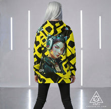 RVR GRL Yellow Hoodie by Chateau De Lion featuring cyber punk anime artwork premium luxury fashion worn by female model