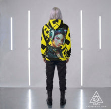 RVR GRL Yellow Hoodie by Chateau De Lion featuring cyber punk anime artwork premium luxury fashion worn by male model