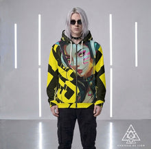 RVR GRL Yellow Hoodie by Chateau De Lion featuring cyber punk anime artwork premium luxury fashion worn by male model