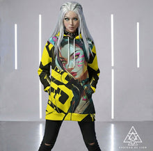 RVR GRL Yellow Hoodie by Chateau De Lion featuring cyber punk anime artwork premium luxury fashion worn by female model