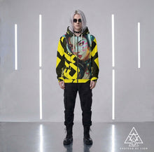 RVR GRL Yellow Hoodie by Chateau De Lion featuring cyber punk anime artwork premium luxury fashion worn by male model