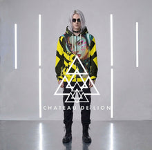 RVR GRL Yellow Hoodie by Chateau De Lion featuring cyber punk anime artwork premium luxury fashion worn by male model