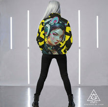 RVR GRL Yellow Puffy Jacket by Chateau De Lion featuring cyber punk anime artwork premium luxury fashion worn by female model