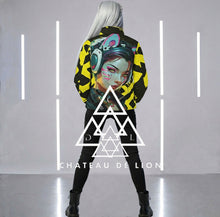 RVR GRL Yellow Puffy Jacket by Chateau De Lion featuring cyber punk anime artwork premium luxury fashion worn by female model
