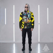 RVR GRL Yellow Puffy Jacket by Chateau De Lion featuring cyber punk anime artwork premium luxury fashion worn by male model