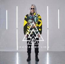 RVR GRL Yellow Puffy Jacket by Chateau De Lion featuring cyber punk anime artwork premium luxury fashion worn by male model