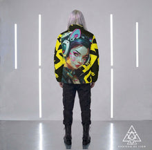 RVR GRL Yellow Puffy Jacket by Chateau De Lion featuring cyber punk anime artwork premium luxury fashion worn by male model